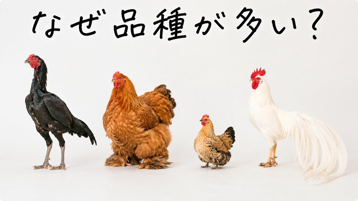 大きさも形もちがう数種類のニワトリ(背の高い軍鶏、小さなチャボ、羽のふさふさしたコーチンなど)が並ぶ実写写真。上に手書きの文字で「なぜ品種が多い?」