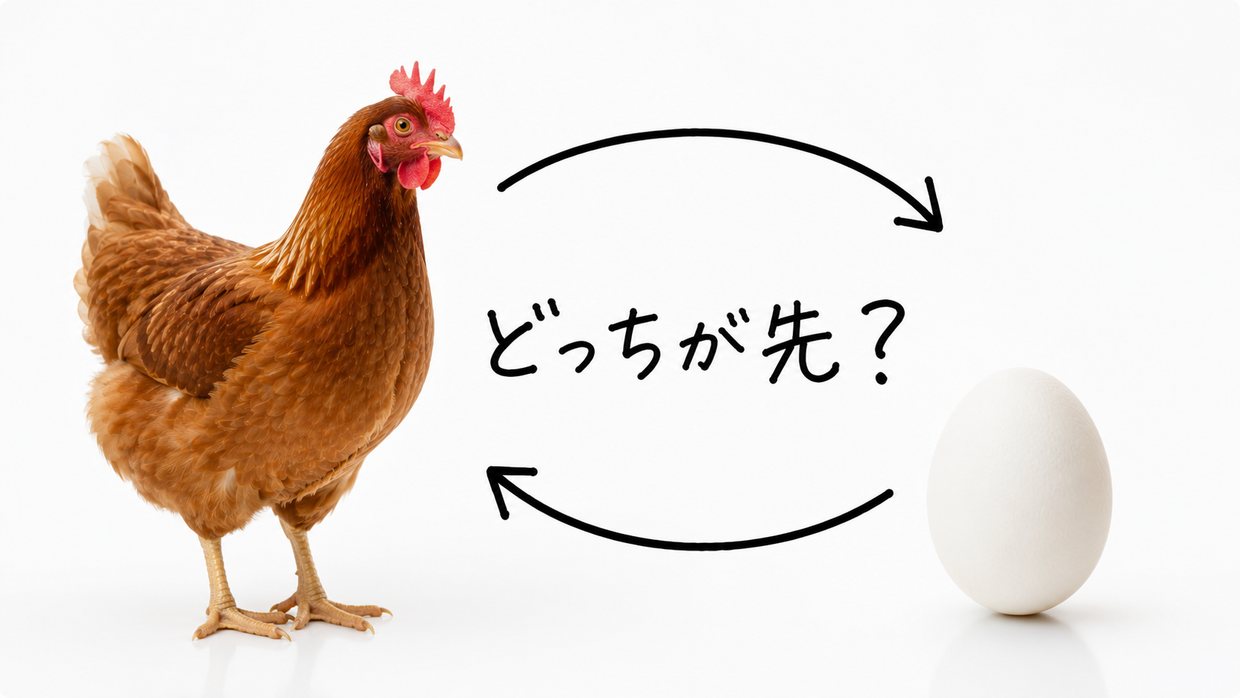 ニワトリと卵が並んだ実写写真。手書きの文字で「どっちが先?」と、両者をつなぐ循環する矢印が書かれている。