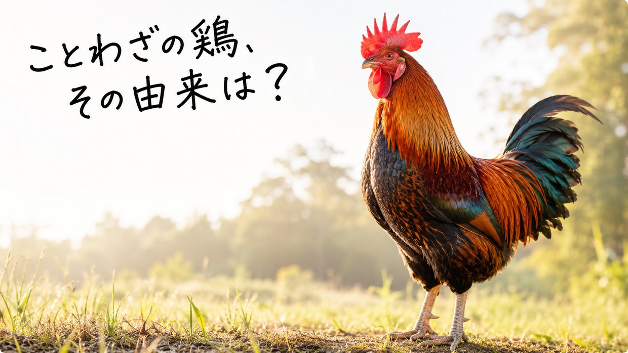 朝、くちばしを大きく開けて鳴くニワトリ(オス)の実写写真。手書きの文字で「ことわざの鶏、その由来は?」