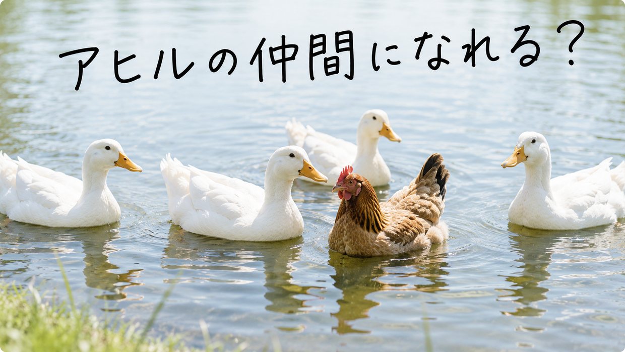 池に浮かぶアヒルの群れにまじって、一羽の茶色いニワトリがいっしょに水面にいる実写写真。手書きの文字で「アヒルの仲間になれる？」