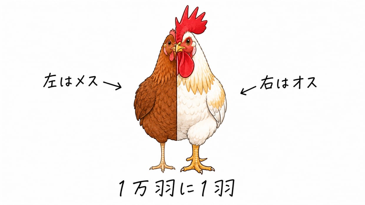 体の左右で見た目がちがう一羽のニワトリの説明イラスト。右半分は白い羽・大きな赤いとさかのオス、左半分は茶色の羽・小さなとさかのメス。真ん中でくっきり分かれている。手書きの黒い文字で「右はオス・左はメス」「1万羽に1羽」。