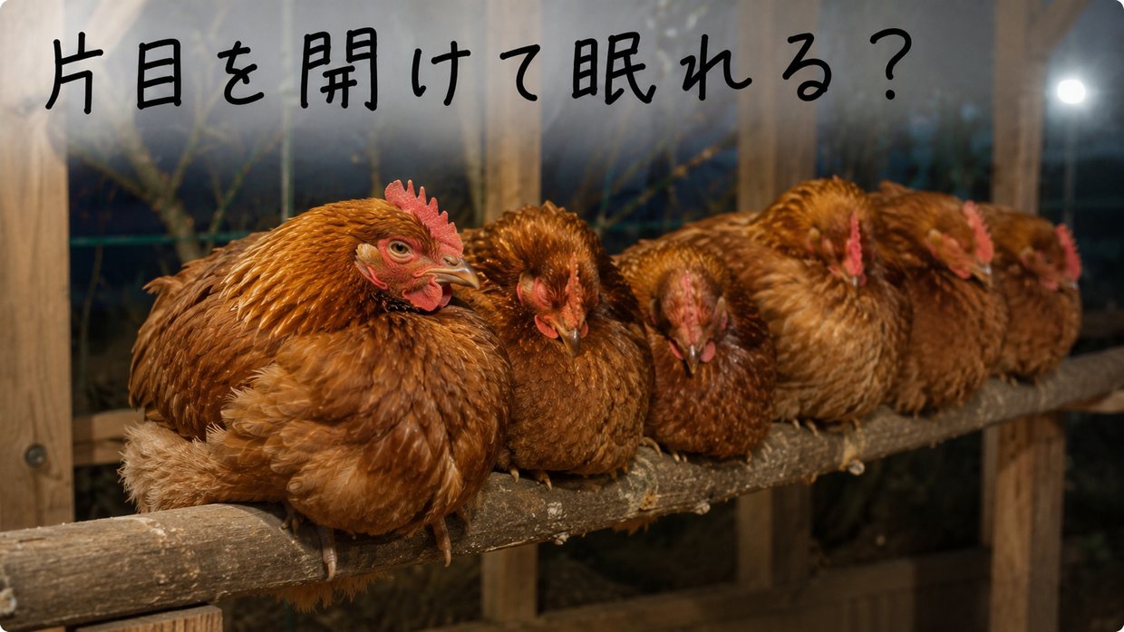 止まり木の上で目を閉じて眠るニワトリと、その群れのはしで片目だけを開けた一羽の実写写真。手書きの文字で「片目を開けて眠れる?」