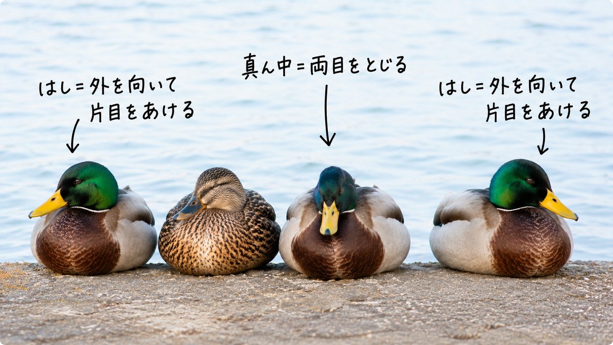 水辺で一列に並んで眠るカモの実写写真。真ん中の個体は両目を閉じ、列のはしの個体だけが外を向いた片目を開けている。手書きの文字で「はしの鳥=外を向いた片目を開ける」「真ん中=両目を閉じる」と示す