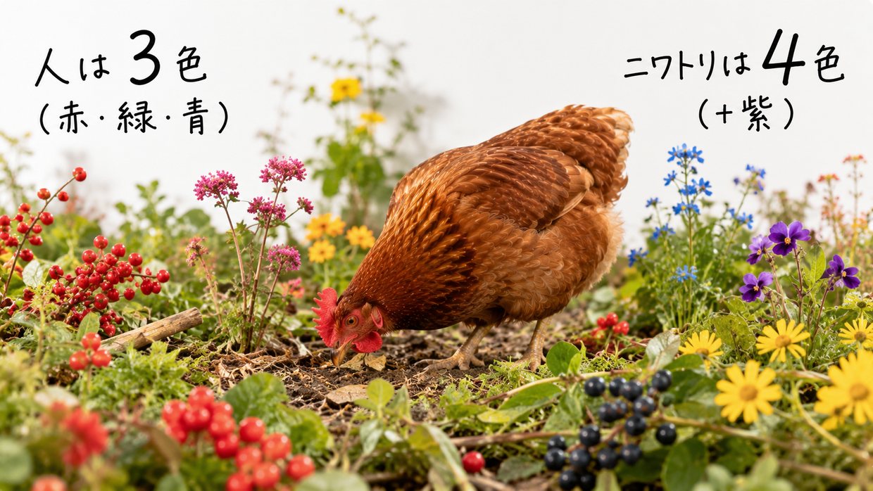 色とりどりの草花をついばむニワトリの実写写真。手書きの文字で「人は3色(赤・緑・青)」「ニワトリは4色(+紫)」と書かれている。