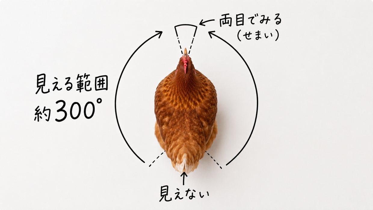 真上から見たニワトリの実写写真。手書きの円弧と矢印で、体のまわり約300度が見える広い視野と、くちばし正面のごく狭い両目の重なり、頭の後ろに残る見えない範囲を示している。