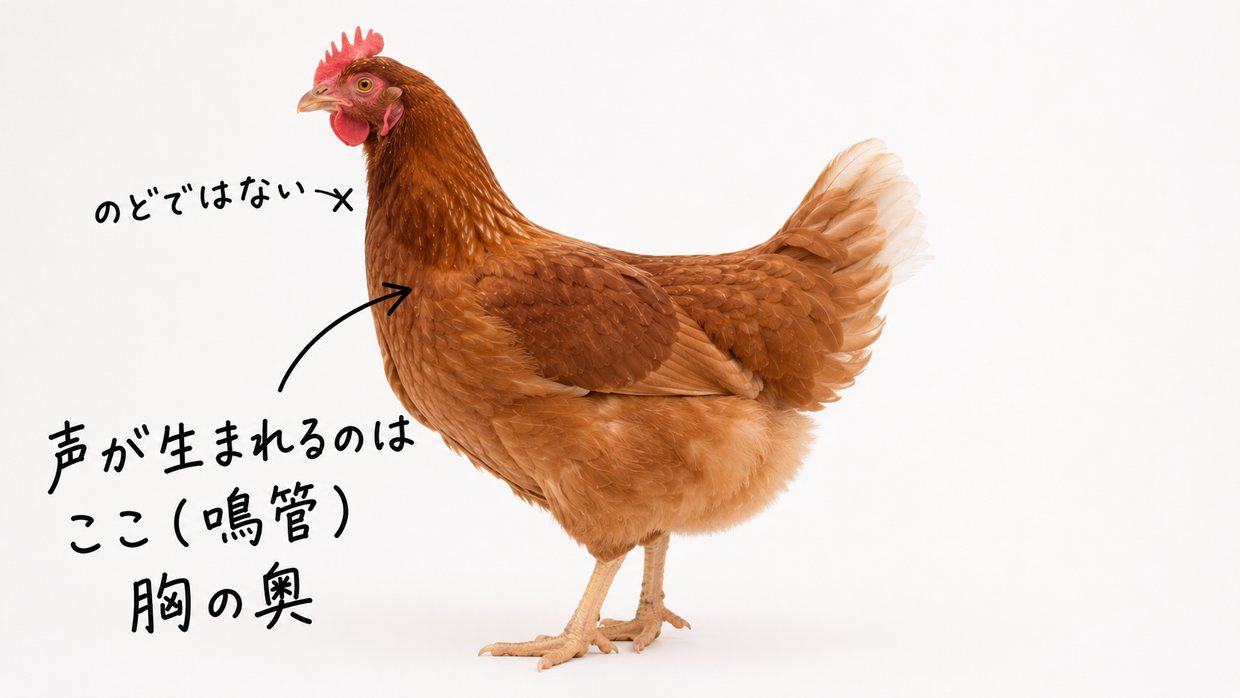 ニワトリの体を横から見たイメージで、のど(声帯)ではなく胸の奥、気管が左右の肺へ分かれる所にある発声器官を示した実写+手書き図。手書きの文字で「声が生まれるのはここ(鳴管)」