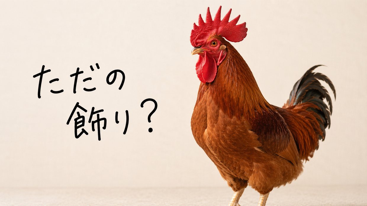 大きく真っ赤なとさかを立てた雄鶏の実写写真。手書きの文字で「ただの飾り?」