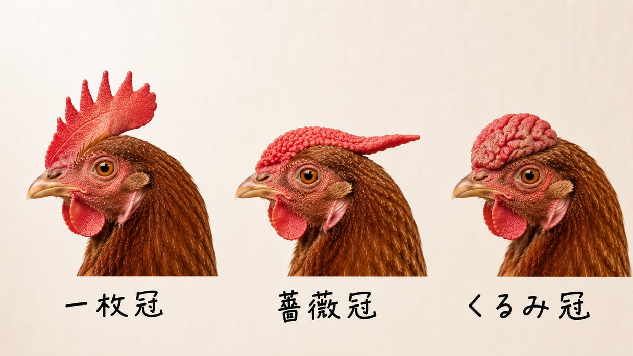 3羽のめんどりの頭を並べた実写写真。左=立ってギザギザの一枚冠、中=粒々の表面で後方に突起が伸びる薔薇冠、右=しわのあるクルミ状のくるみ冠。手書きで「一枚冠」「薔薇冠」「くるみ冠」