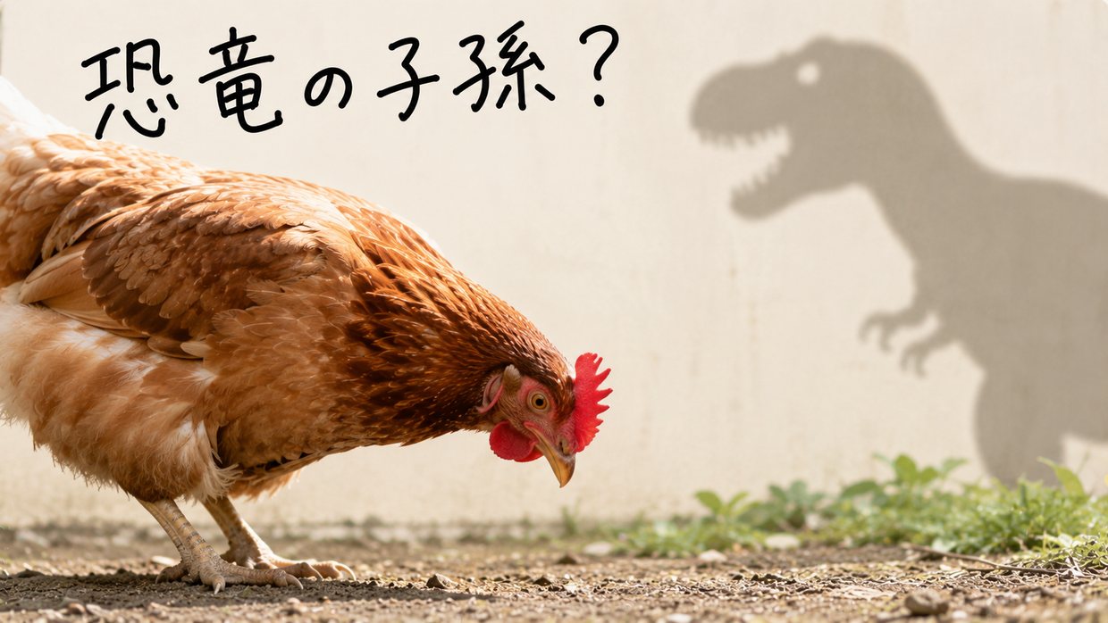 地面を見つめるニワトリの横顔の実写写真。うしろにうっすら恐竜の影。手書きの文字で「恐竜の子孫?」