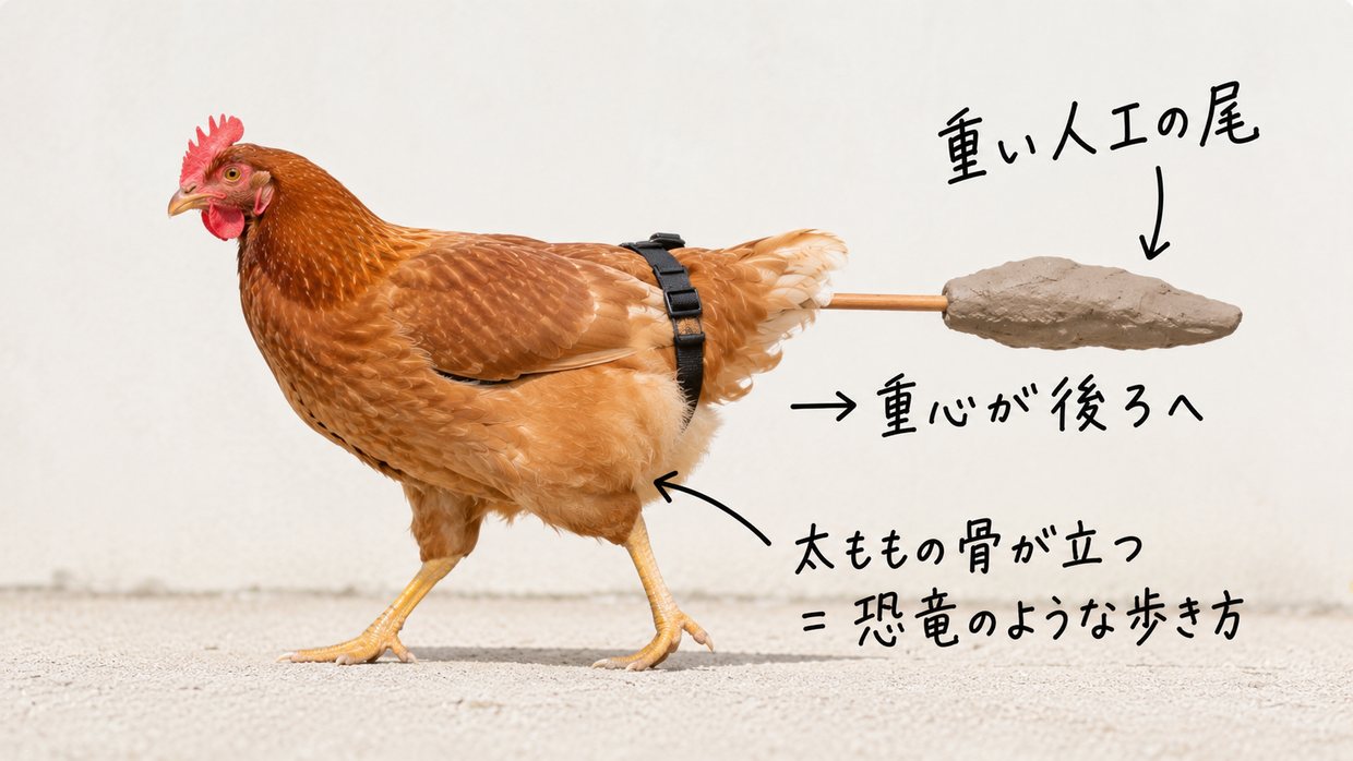 人工の尾をつけて歩くニワトリの実写写真。矢印と手書きの文字で、重心が後ろへ移り太ももの骨が立つ(恐竜のような歩き方)ことを示している。