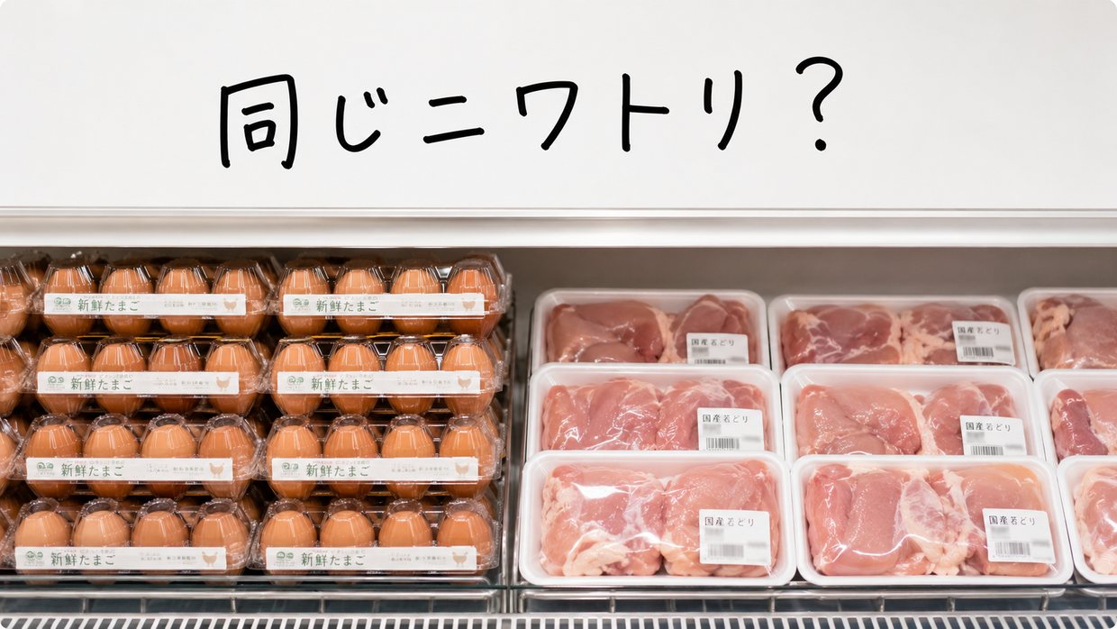 スーパーの卵パックと鶏肉のパックが並ぶ実写写真。黒い手書きの文字で「同じニワトリ？」
