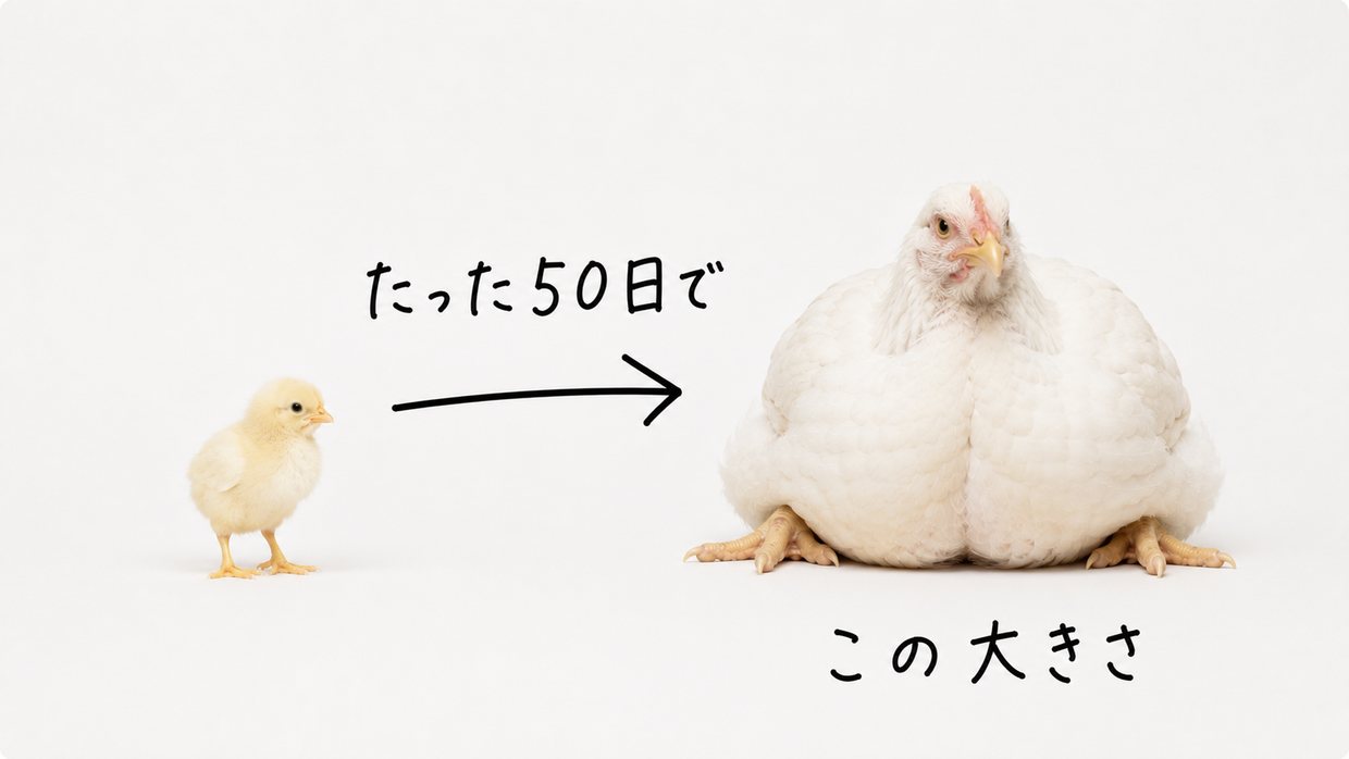 生まれたての黄色いヒヨコと、約50日後に育った白い若どりを、あいだの矢印でつないだ実写写真。黒い手書きの文字で「たった50日で」「この大きさ」