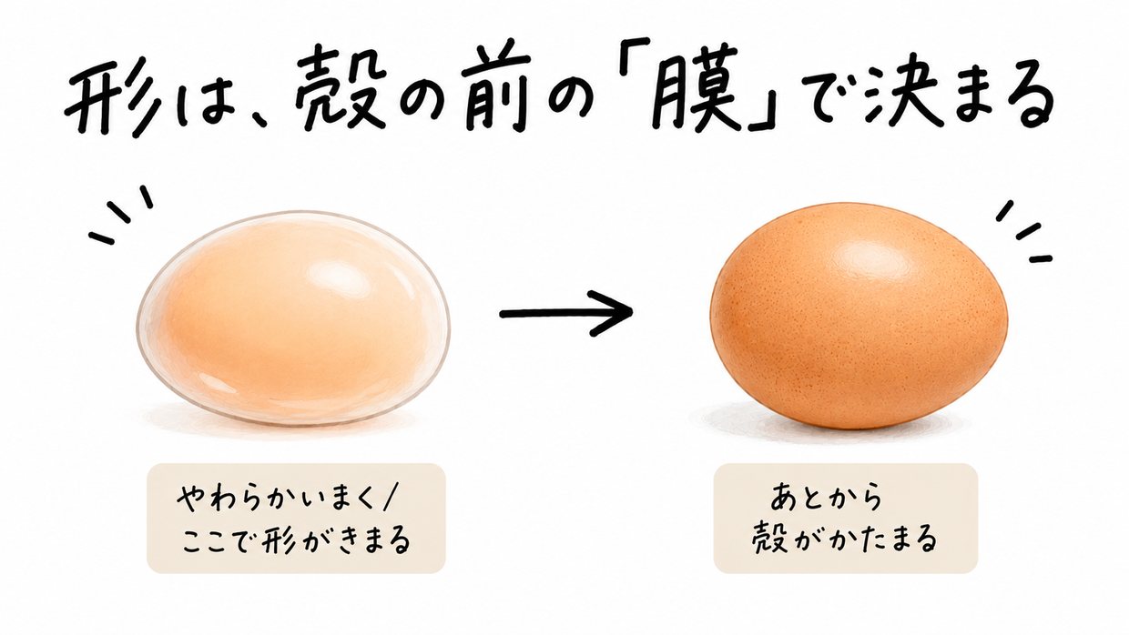 卵ができる順番を左から右へ示す説明イラスト。左は、殻がまだない、やわらかい膜に包まれた卵（ここで形が決まる）。右は、そのあと殻がついて固まった卵。手書きの文字で「形は、殻の前の『膜』で決まる」。