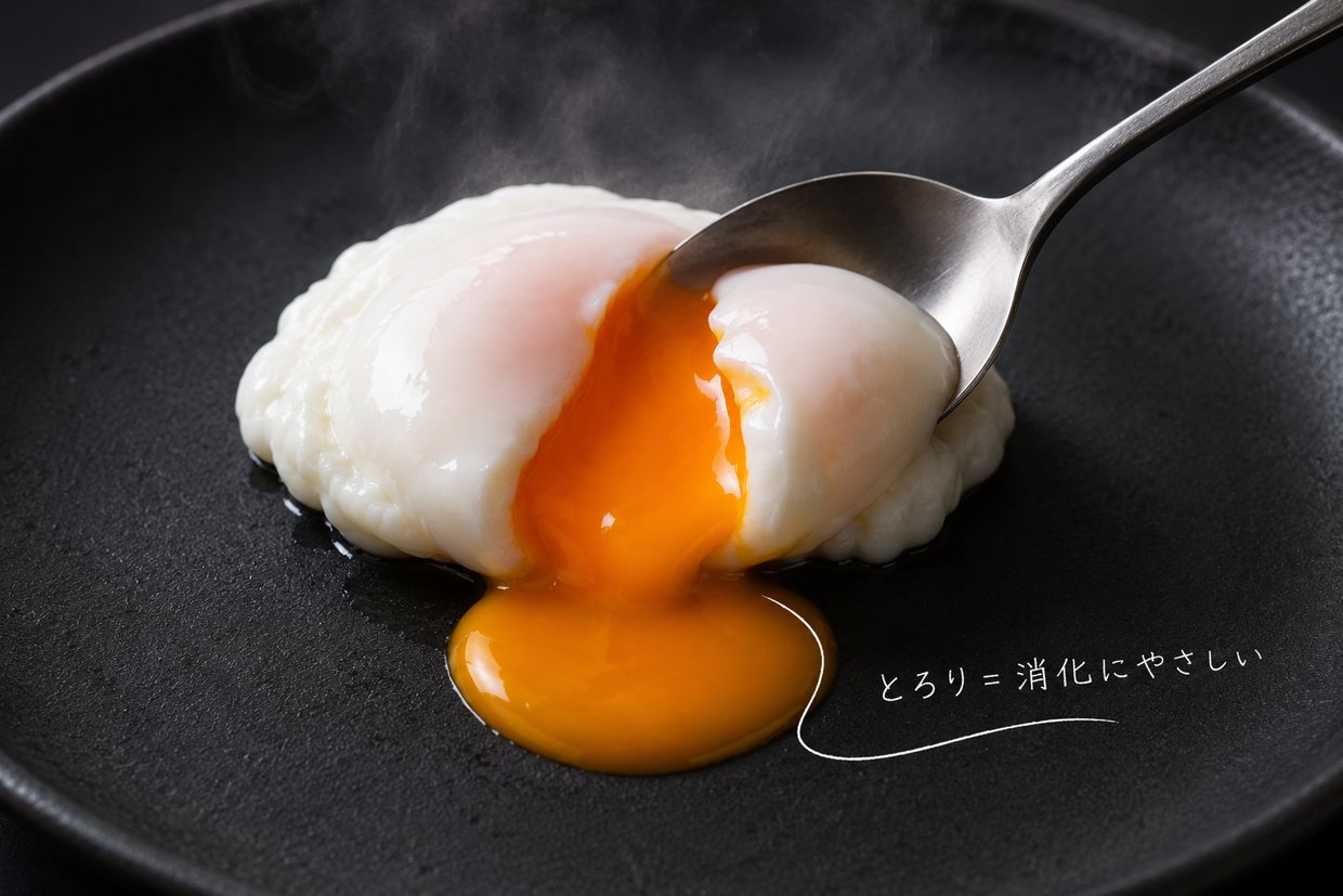 黒い器の上で、半熟卵をスプーンで割りとろりと黄身が流れ出る。手描きで「とろり=消化にやさしい」