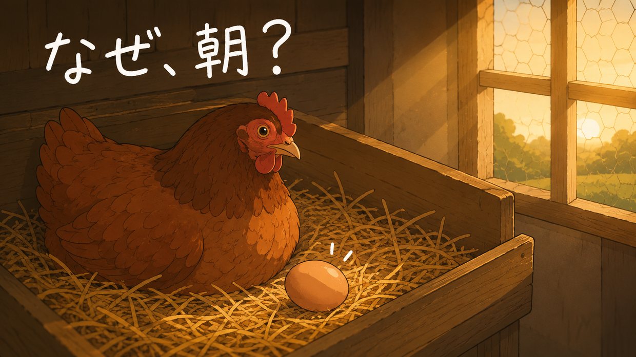 明け方の鶏舎のイラスト。巣の藁の上にすわる茶色いめんどりと、その前に産みたての卵。窓から朝の光が差す。手書きの文字で「なぜ、朝？」