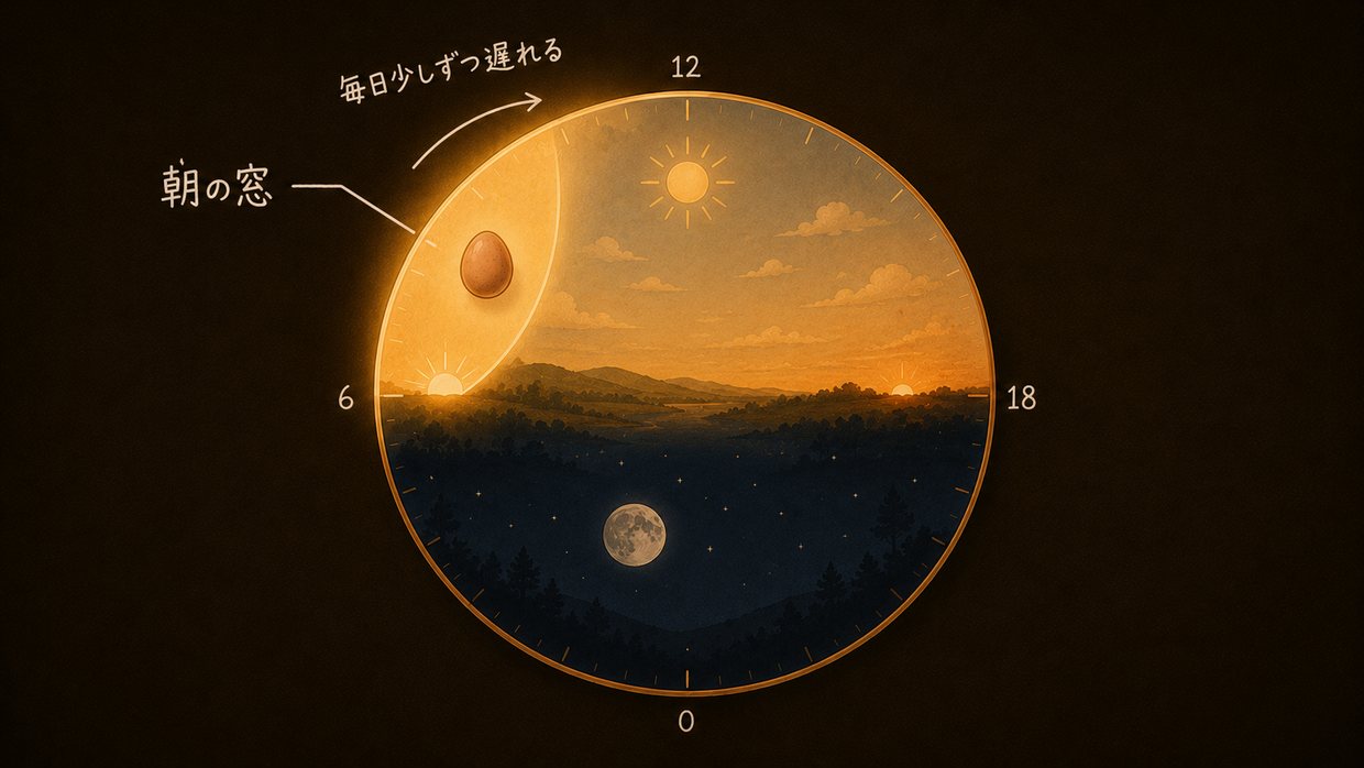 1日24時間を表す丸い時計のイラスト。上が昼の12時、下が真夜中の0時、左が朝6時、右が夕方18時。朝（左上、6〜12時）が夜明けの光で明るい「窓」になり、その中に茶色い卵。手書きの白い文字で「朝の窓」「毎日少しずつ遅れる」