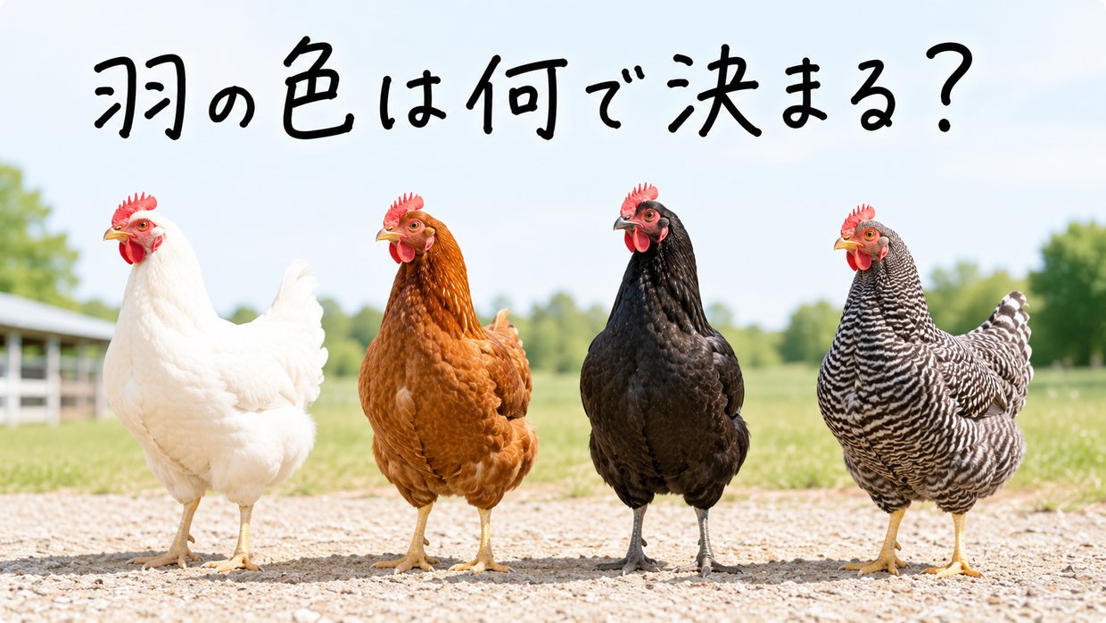 白・褐色・黒・しま模様など、色の違うニワトリが並ぶ実写写真。上に手書きの文字で「羽の色は何で決まる?」