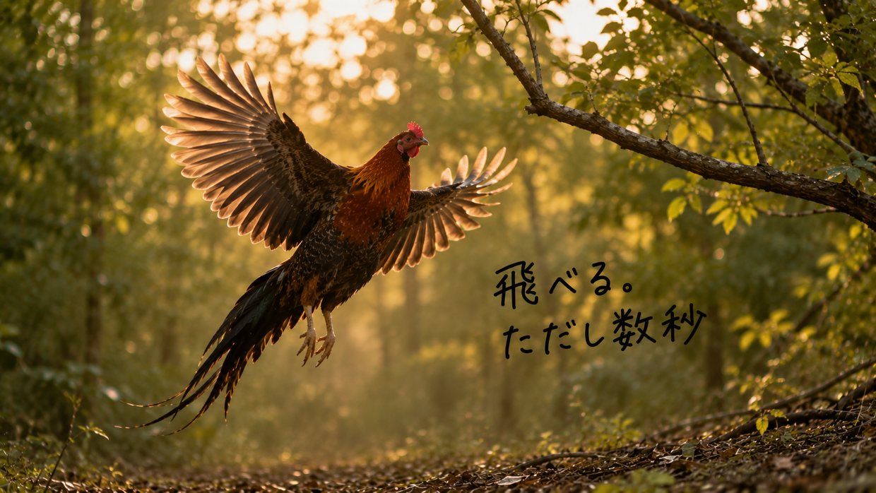 夕暮れ、木の枝に向かって羽を広げて飛び上がるセキショクヤケイの実写写真。手書きの文字で「飛べる。ただし数秒」