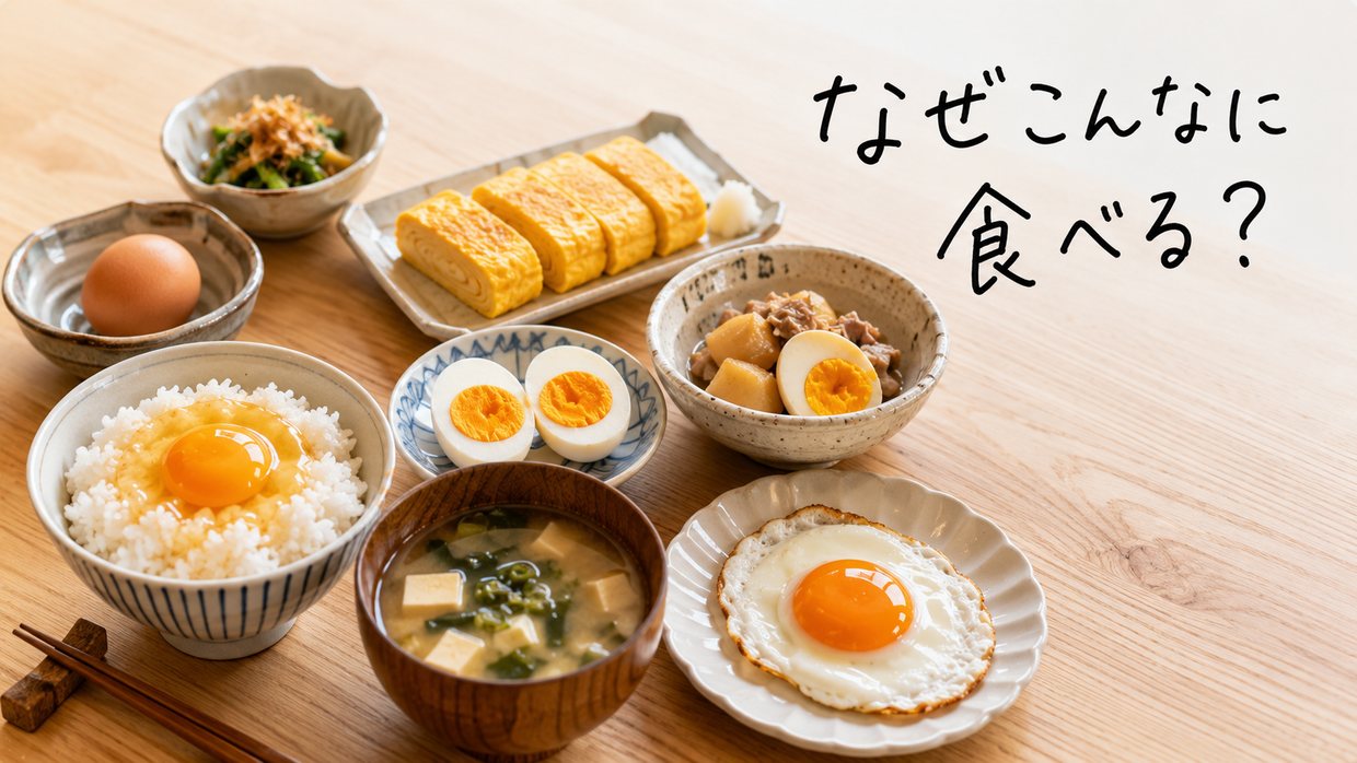 卵焼き・卵かけご飯・ゆで卵など卵料理が並ぶ食卓の実写写真。手書きの文字で「なぜこんなに食べる?」