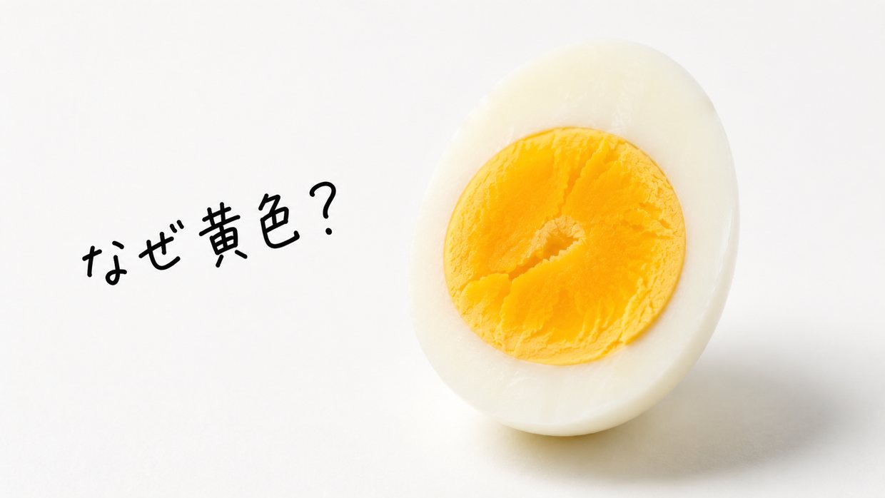 半分に割った卵から、鮮やかな黄色の黄身がのぞく。上に手書きで「なぜ黄色?」
